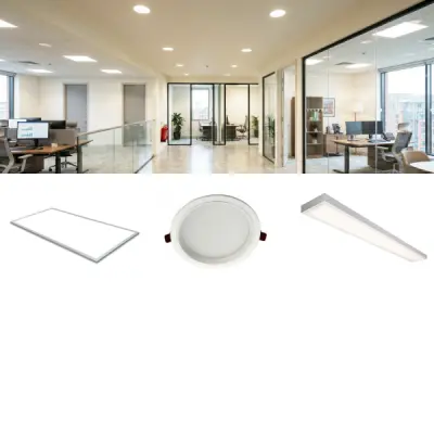 A wide range of LED commercial lights for offices, hallways, meeting rooms and other areas - including linear, lay-in panel, downlight styles etc