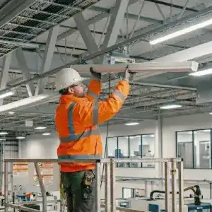 Warehouse LED lighting installation in UK factory by Green Business Light engineers