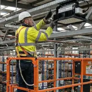 Warehouse LED lighting installation in UK warehouse by Green Business Light engineers