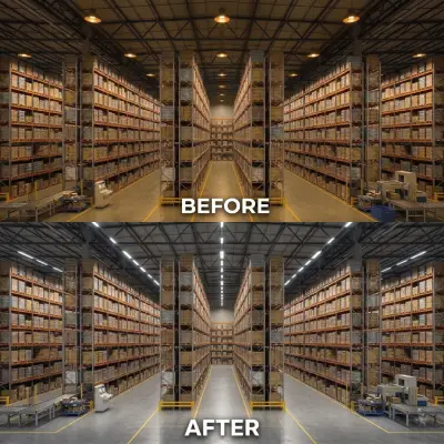 A before and after picture inside a warehouse showing a vast improvement in light quality following an upgrade to LED lighting